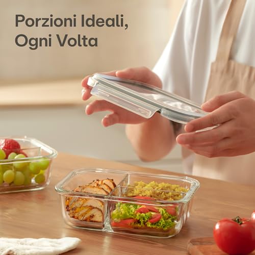 Praknu Meal Prep Contenitori con 3 Scomparti - 2 Pezzi Contenitori in Vetro Ermetici per Alimenti 1000ml - Per Microonde, Lavastoviglie, Forno - immagine 3