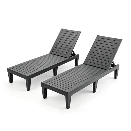 GIANTEX Chaise Longue de Jardin Lot de 2 Effet Bois, Transat en Plastique avec Dossier Réglable sur 5 Positions, Bain de Soleil pour Terrasse, Charge 180 kg,...