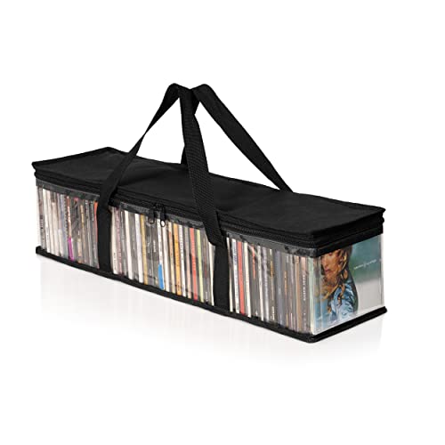 Besti Cd Storage Bags - 2-Pack Clear Plastic Holder Case For Music Disc - Sturdy Stitched, Strong Handle, Fits 96 Albums & Movies - Portable Carrying Organizer For Travel, Underbed, Or Cabinet (Black) #TOP5