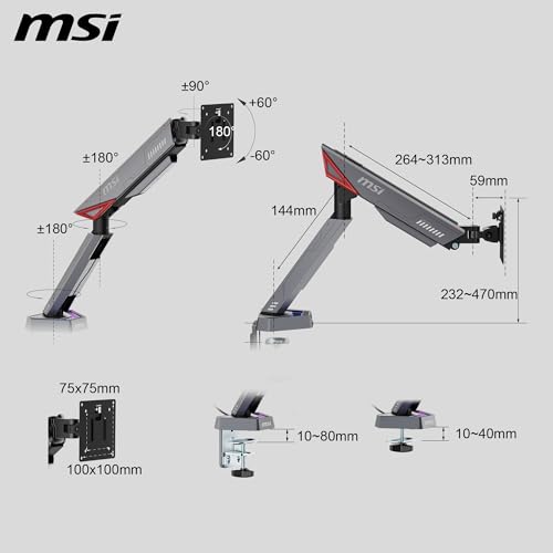 MSI MPG MT161R - Premium RGB Single Monitor Stand Arm, Supports 17-45" Screens and 35.2 lbs, VESA Compatible, Adjustable Spring Assisted Mount, Clamp & Grommet, Quick Release Plate - Black by msi - Used condition - Image 2