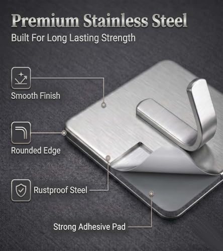 Image of Enclave Heavy Duty Adhesive Hooks, Stick on Wall Adhesive Hangers, Strong Stainless Steel Holder, Self Adhesive Hooks for Kitchen Bathroom Home Door Towel Coat Key Robe. (J Shape Silver, Pack of 4)