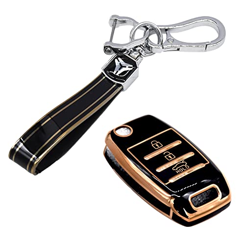 Image of KMH TPU Gold Car Smart Key Cover Compatible for Kia Seltos and Sonet 3 Push Button Smart Flip Key Shell Case Holder, Full Key Protection with Keychain (Black Gold) Pack of 2