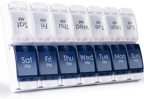 Weekly Pill Box Organiser, Large Pill Organiser 2 Times a Day, Travel Tablet Medication Box with Push Button Design for Vitamin, Fish Oil, Supplements