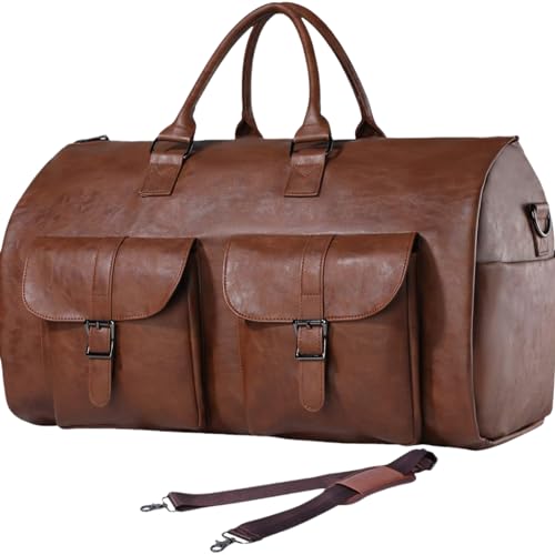 Snap on zipper suit suit travel bag carry on overnight bag waterproof leather duffel bag men and women convertible garment bag sports bag two-in-one hanging suitcase (Leather, brown), PG001