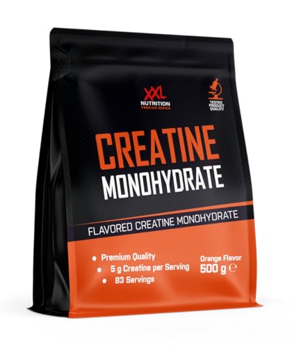 XXL Nutrition - Creatin Monohydrat Pulver - Ohne Zusätze - Muskelaufbau, Reines & Mikrofeines Kreatin Monohydrat - Orange - 500 Gramm