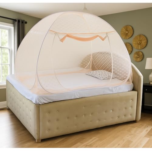 Image of Healthy Sleeping Foldable Portable plyester pop up Mosquito Net for Single Bed, Strong & Durable Mosquito Net for 6 X 4 ft Size Bed (Embroidery Badam Pink)