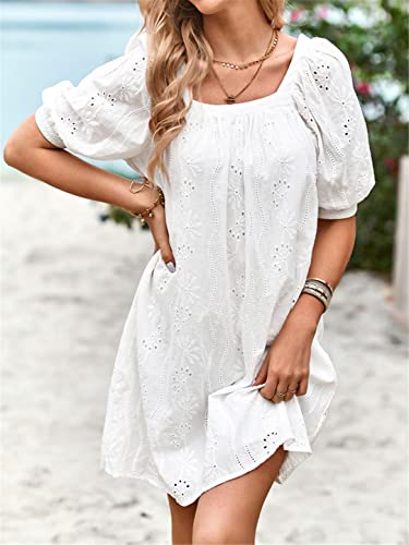 Robe d'été blanche col carré à manches bouffantes décontractée courte