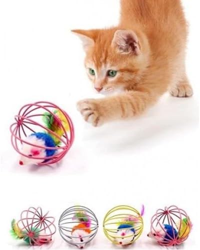 BakGelAl Renkli Metal Kafesli Peluş Fareli Kedi Oyuncağı – Hareketli Tüylü Top 6cm | Kediler Için Eğlenceli Oyun Topu