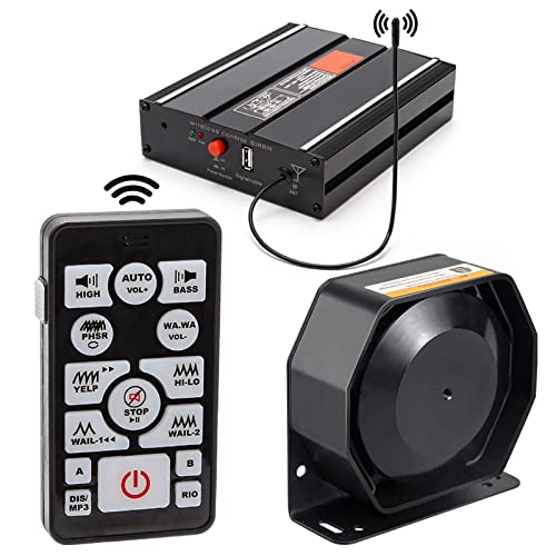 BooYu 12V 200W 37 Tones Police Warning Emergency Siren PA System [Slim Speaker][Wireless Remote Handheld Microphone][2 x 15A Switches] for Firefighter Ambulance Vehicles Truck Car SUV ATV UTV