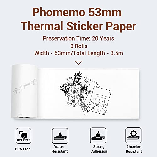 Phomemo 53mm Thermopapier für T02/M02/M02S/M02Pro/M02X/M02L/Q02/M03/M03AS/M04S/M04AS/M832/M833/M834 Mini-Taschendrucker, 3 Rollen Selbstklebendes Aufkleberpapier, 53 mm x 3,5 m, 20 Jahre Haltbarkeit
