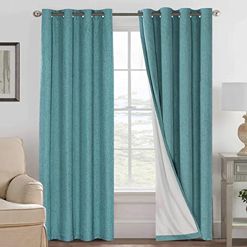 Image of H.VERSAILTEX Teal 100% Blackout Linen Textured Curtains for Living Room /Bedroom Thermal Insulated 100% Blackout Curtains Anti Rust Grommet Window Panels for Patio (Sold by Pair, 52 x 108 Inch)