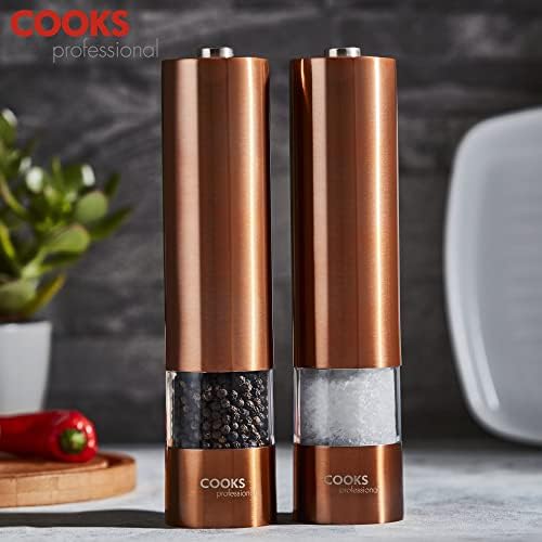 Cooks Professional Electric Automatic Salt & Pepper Mill Set with Adjustable Grinding, Easy to Refill, One Touch Button Condiment Grinder (Copper)