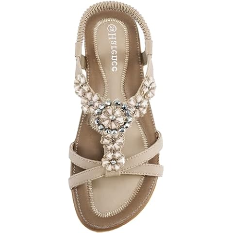 HARENCE Sandals Women Summer Flats: Comfortable Elastic Ankle Strap Dress Flat Shoes Casual Slip on Open Toe Bling Bohemian Beach Sandal Cover