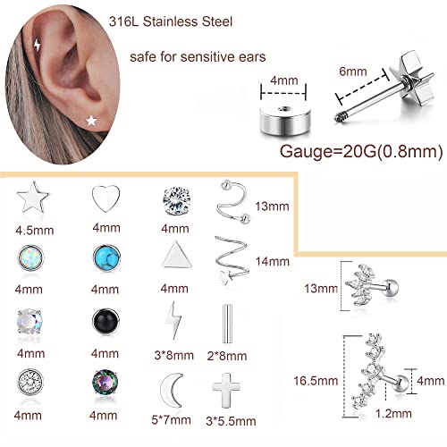 Plomfov 20G Stainless Steel Stud Earrings For Women Men Cz Heart Star Moon Flat Back Earrings Cartilage Hoops Helix Tragus Daith Earrings Piercing Jewelry Silver #TOP2