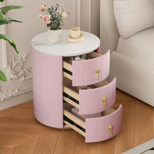 Upholstered Nightstand with 3 Drawers, Round Bedside Table with Metal Handles, Velvet End Table, Marbling Stickers Top Nightstand (Pink) Pink Round