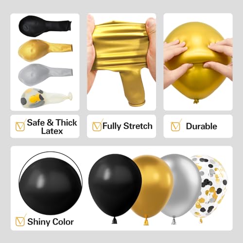 137Pcs Black Gold and Silver Balloons Garland Arch Kit with Stars - 5 10 12 18 inch Black Gold Silver Latex Party Balloons for New Year Birthday 2026 Graduation Retirement Party Decoration - Image 5