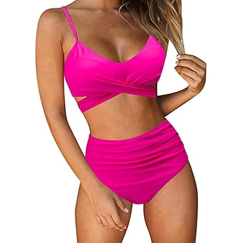 CMTOP High Waisted Bikini Set Push Up Wrap Swimsuit Criss Cross String Two Piece Tummy Control Bathing Suit Pink Cover