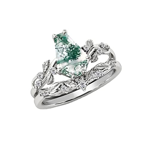 DONGHU 2ct Coffin Shape Natural Moss Agate Engagement Ring Set Size 7 Sterling Silver White Gold Plated 2 Pieces Green Agate Vintage Unique Bridal Wedding Ring Set for Women