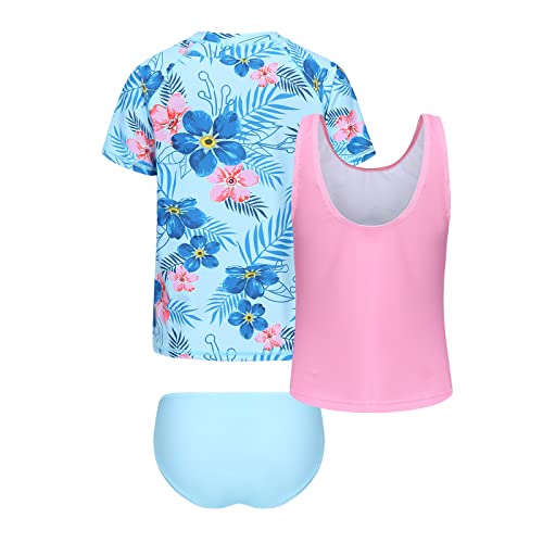 Girls 3 Piece Rash Guard Swimsuits Set for Girls Short Sleeve Bathing Suits Hawaiian Swim Set 3-16 Years2