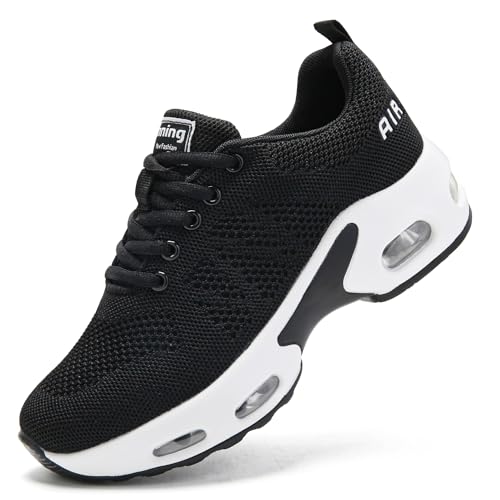 Womens Trainers Running Shoes Ladies Arch Support Memory Foam Plantar Fasciitis Orthopedic Shoes Air Cushion Lace Up Gym Sneakers BLACK WHITE UK 6