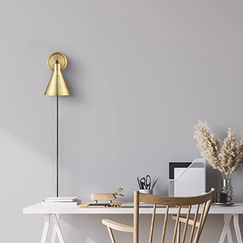 Image of GLOBE Electric 65544 1-Light Dimmable Plug-in or Hardwire Wall Sconce, Matte Brass, Matte Black Accent, Stepless Dimming Rotary Switch on Canopy, Black Fabric Cord, Wall Lamp Dimmable