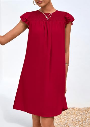 Image of KIRUNDO Wedding Guest Shift Dresses for Women Short Spring Summer Ruffle Cap Sleeve Chiffon Babydoll Flowy Mini Sundress(Red, X-Large)