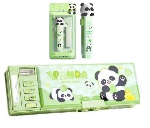 Image of New Cartoon Theme Pencil Box with Push Pull Eraser Set for Kids | Suitcase Style Password Lock Stationery Organizer | School Supplies Gift Combo for Boys & Girls (Panda Green Compass + Eraser)