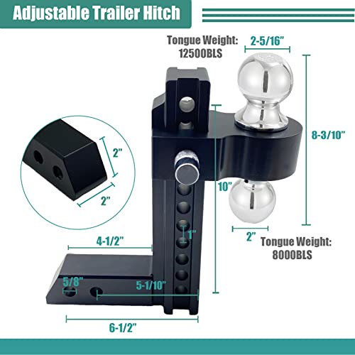 Aluminum Adjustable Trailer Hitch, Fits 2-Inch Receiver Only, 10-Inch Drop/Rise Drop Hitch 12,500 Lbs Gtw Tow Hitch For Heavy Duty Truck With Double Stainless Steel Locks Black #TOP1