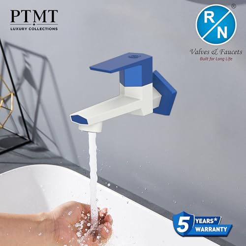 Image of RN PTMT Long Body Bib Cock for Bathroom | 15mm Long Body Foam Flow Water Tap with Flange | Luxury G20 Collection Faucet | High-Grade Engineering Polymer Tap (White Metallic Blue Dual, Pack of 1)