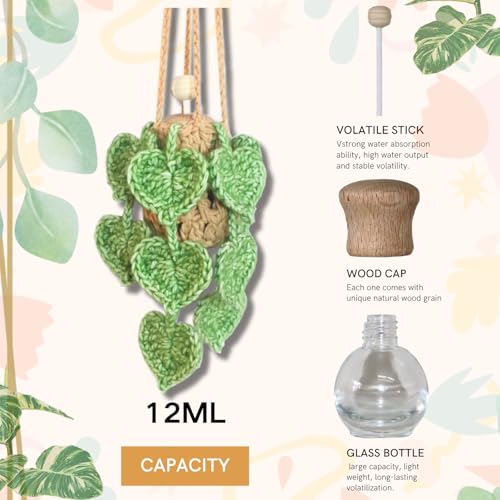 Image of ROFIGL Handmade Crochet Hanging Car Air Freshener- Lifelike Green Pothos for Hanging with 12ml Thick Refillable Glass Diffuser Bottle, Suitable Decor for Car Rearview Mirror, Home & Wellness Spaces