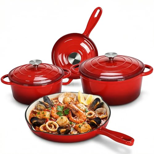 Image of LIFERUN Nonstick Enameled Cast Iron Cookware Set, 7Pcs Pots and Pans Set, Gas /Induction Dutch Oven Set, PFOA & PFAS Free