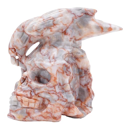 Bmuafry Natural Red Grid Crystal Skull and Crow Head Hand Carved Reiki Healing Stone Statue Healing Home Office Art Room Decoration
