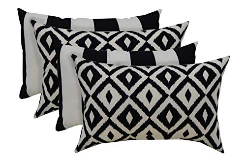 RSH Décor Indoor Outdoor Mixed Set of 4 Decorative Rectangular Lumbar Throw Pillows ~ Black and White Aztec Geometric and Black & White Stripe Fabric Pillows (20
