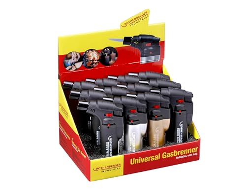 ROTHENBERGER Industrial 12x Sturmfeuerzeug | Universalbrenner | Lötbrenner | wiederbefüllbar | Regulierbare und windsichere Flamme | schwarz, Silber, Kupfer