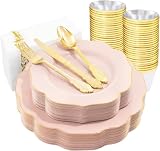 NOCCUR 175PCS Pink Plates with Gold Disposable Silverware - Include 50 Pink Plastic Plates,25 Knives,25 Forks,25 Spoons,25 Cups and 25 Napkins - Ideal for Party/Wedding/Banquet/Baby Shower