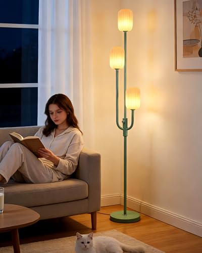 Image of Lightdot 66IN Dimmable Floor Lamp 3-Lights Vintage Green Floor Lamps with Cylindrical Shade& Bulbs Included for Wedding /Party Modern Tall Standing Lamp with 5Lbs Heavy Base for Living Room /Bedroom