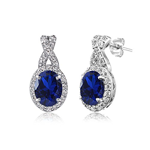 Sterling Silver Genuine, Created or Simulated Gemstone & White Topaz Oval and X Drop Earrings for Women