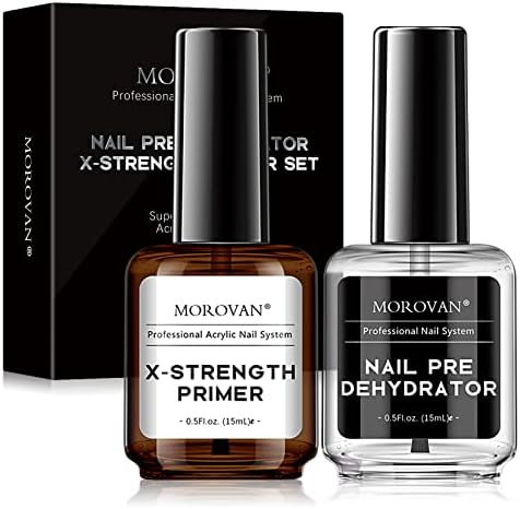 Morovan Nail Primer and Dehydrator for Acrylic Nails, Professional No Burn Fast Air Dry Nail Prep Dehydrator and X-Strength Primer Superior Natural, Acrylic Powder Application (0.5Fl oz)