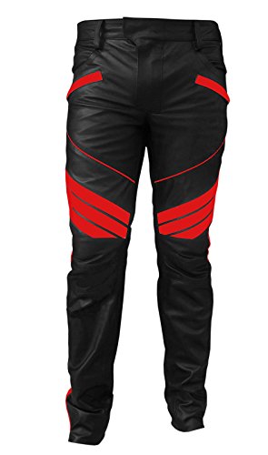 Mens Sexy Real Black & RED Leather Motorcycle Bikers Pants Jeans Trouser