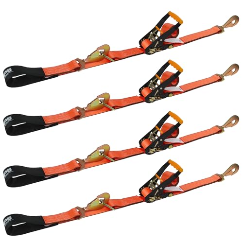Autofonder Heavy Duty 4 Pack Axle Tie Down Straps for Trailers-2" x 114" Car Hauler Straps with Snap Hooks-10,000 lbs Break Strength, 3300 lbs Capacity - DOT Certified Wheel Ratchet Tie Downs (Orange)