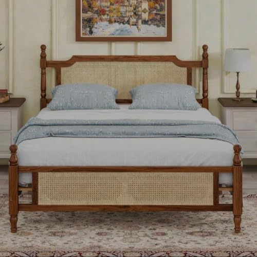 Image of JANGHU FURNITUREWALA Wooden /Rattan /Cane /Queen Size Bed Without Storage -Sheesham Wood -King Cot -Palang -Bed Stylish Bedroom Furniture /Hotel Furniture (Flor De Cerezo, Honey Finish) Rattan /Cane Bed