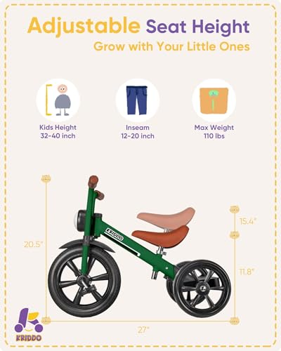 Image of KRIDDO Kids Tricycles Age 2 Years to 5 Years, 12 Inch Puncture Free Rubber Wheel w Front Light, Adjustable Seat Height, Gift Toddler Tricycles for 2-5 Year Olds, Trikes for Toddlers, Green
