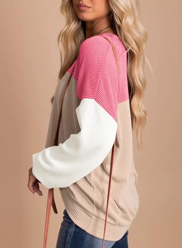 Image of Dokotoo Womens Tops Fashion 2026 Color Block Long Sleeve Shirts for Women Crewneck Knitted Casual Loose Blouses