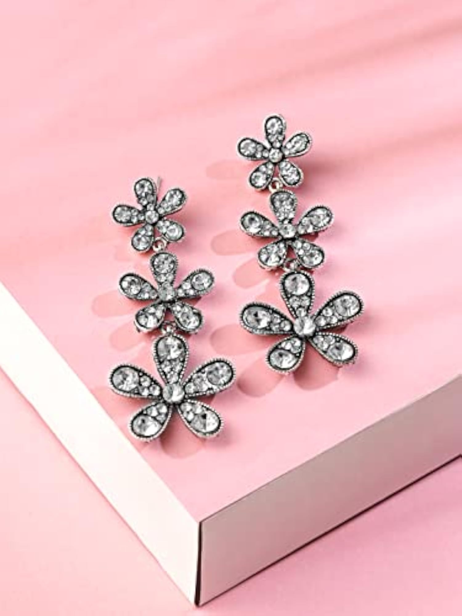 Oxidised Flower Crystal Dangler Earrings