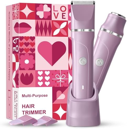 2 in 1 Electric Razors for Women Personal Groomer, Waterproof Bikini Trimmer for Women Cordless Dry/Wet Use Electric Shaver for Pubic Hair, Armpit, Facail Hair Removal, Detachable Head, Pearl Purple