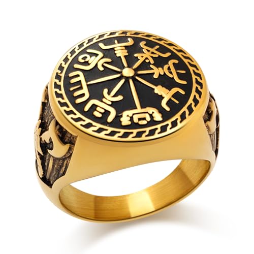 Oaldilee Vintage Pirate Compass Rings Norse Symbol Retro Jewelry 18K Gold Plated Viking Battle Axe Ring for Men Women, Size8