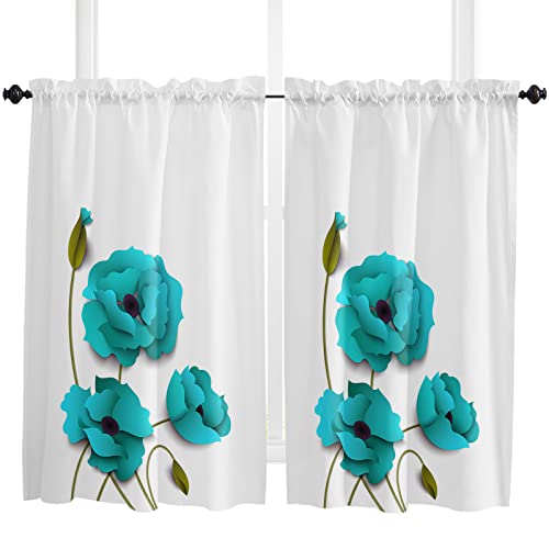 Teal Green Poppies Bloomes Kitchen Curtains 54 Inch Length For Windows, Rural Style Window Treatment Tiers Rod Pocket Curtain For Bedroom Bathroom Living Room Cafe, 42 X 54 Inch, 2 Panels #TOP1