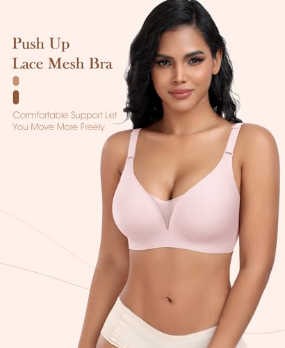 Image of DOCUMO Bras for Women Mesh V Neck No Underwire Soft Wireless Bra Everyday with Lift Push Up Seamless Bralettes for Women with Bra Extender(Pink,Small)