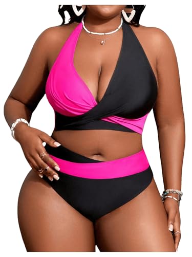SOLY HUX Women's Plus Size Swimsuit Color Block Halter Criss Cross Bikini Sets Two Piece Bathing Suit