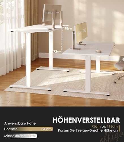 OffiGo Höhenverstellbarer Schreibtisch, 160x80cm Elektrischer Schreibtisch mit Steckdosen und USB Ladeanschluss, Tisch Höhenverstellbar mit 2 Memory Funktion, Computertisch für Büro, Zuhause, Weiß
